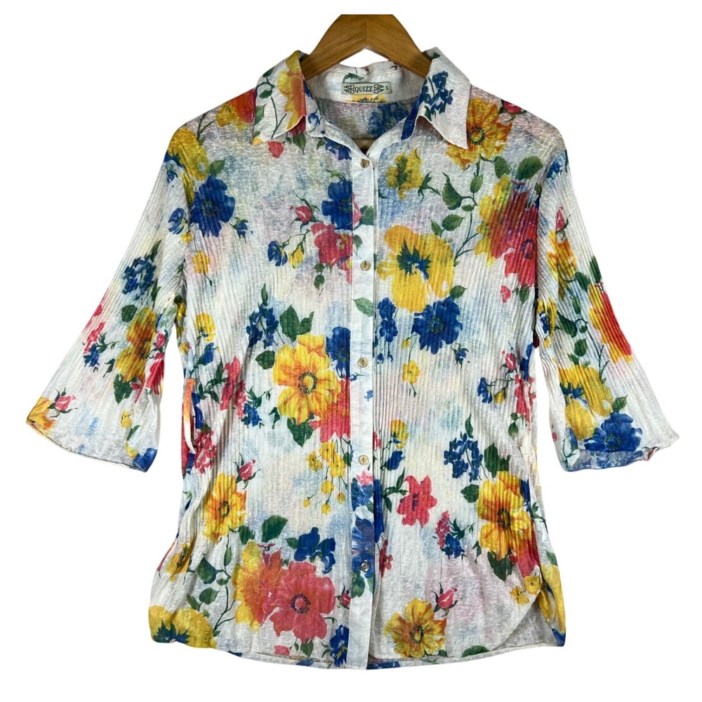 VTG Quizz Womens Floral Plisse Button Up Shirt Multicolor 3/4 Sleeve Blouse S
